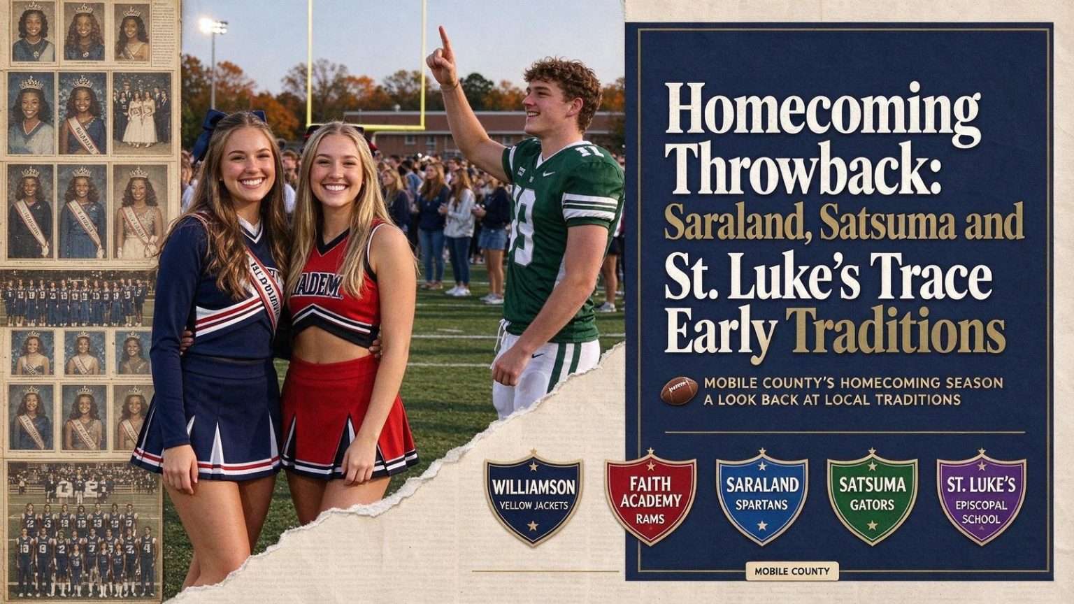 Illustration for the news story: Homecoming Throwback: Saraland, Satsuma and St. Luke’s Trace Early Traditions