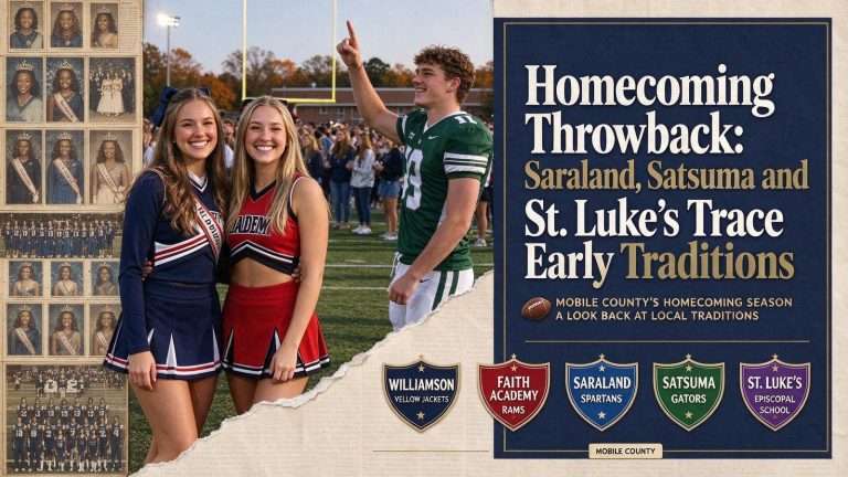 Illustration for the news story: Homecoming Throwback: Saraland, Satsuma and St. Luke’s Trace Early Traditions