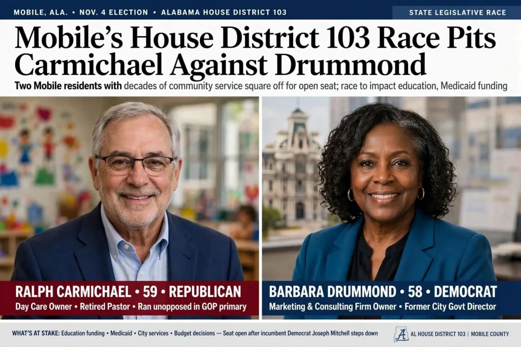 Illustration for the news story: Mobile’s House District 103 Race Pits Carmichael Against Drummond
