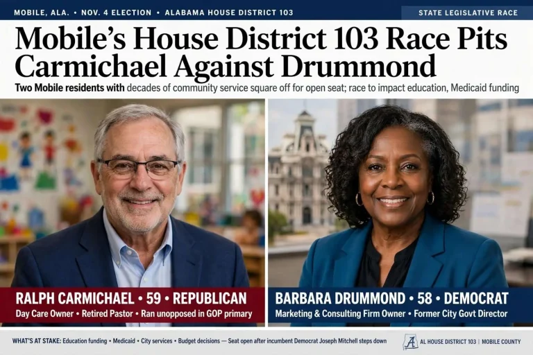 Illustration for the news story: Mobile’s House District 103 Race Pits Carmichael Against Drummond