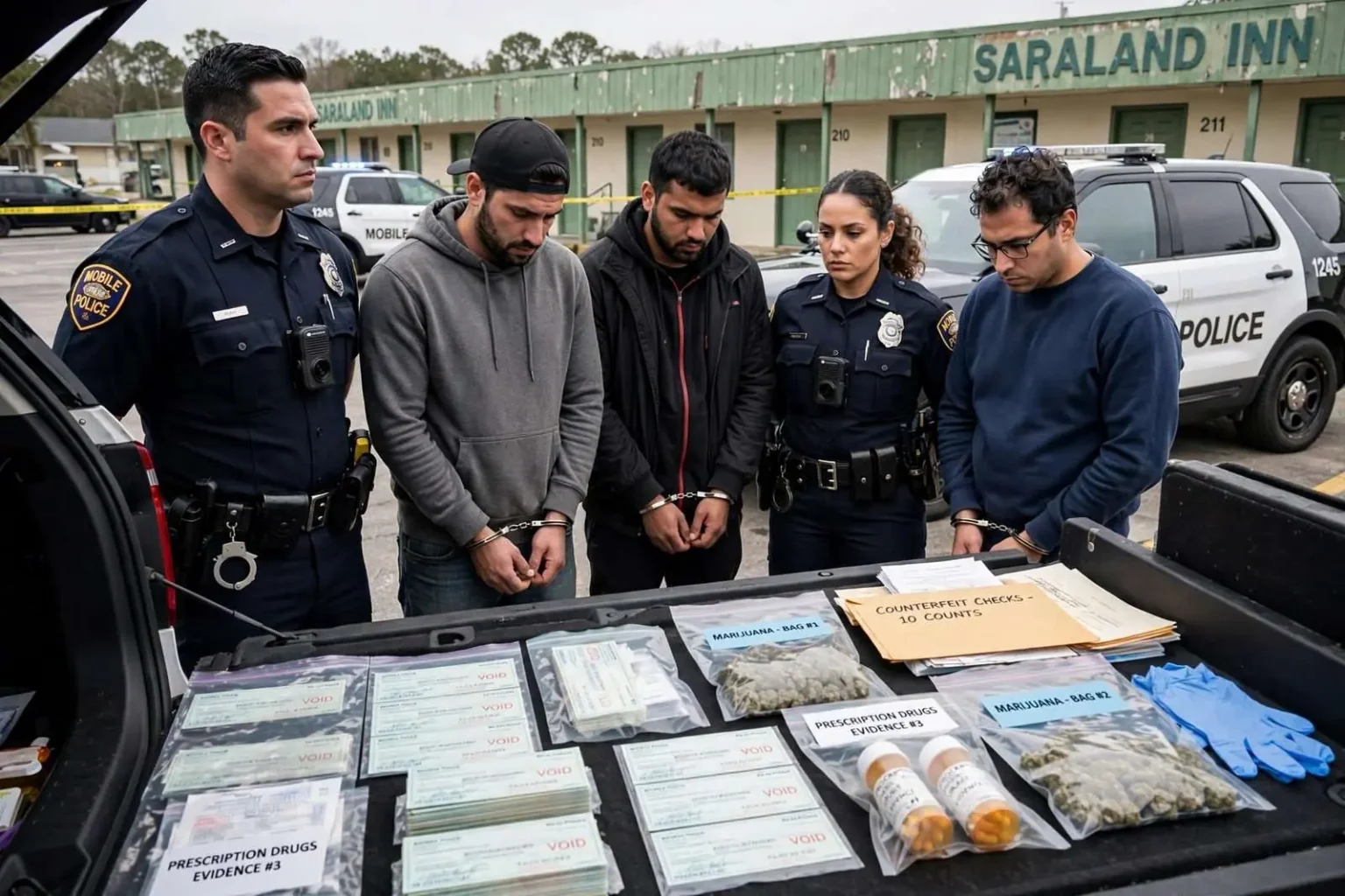 Illustration for the news story: Mobile Police Arrest Trio in Counterfeit Check Scheme Targeting Homeless Residents