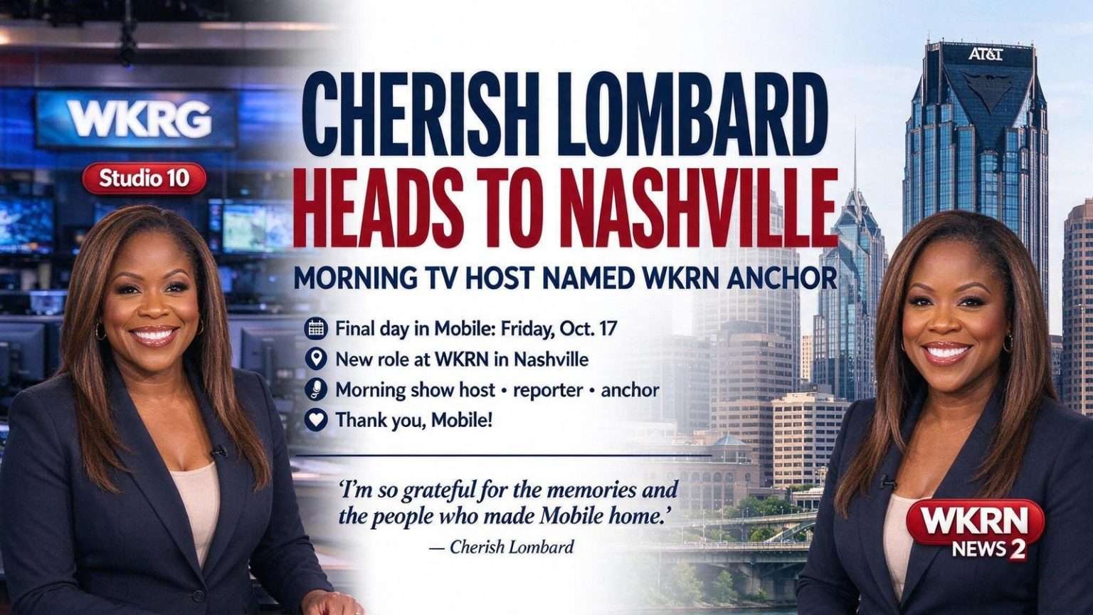 Illustration for the news story: Mobile TV Host Cherish Lombard Heads to Nashville for WKRN Anchor Role