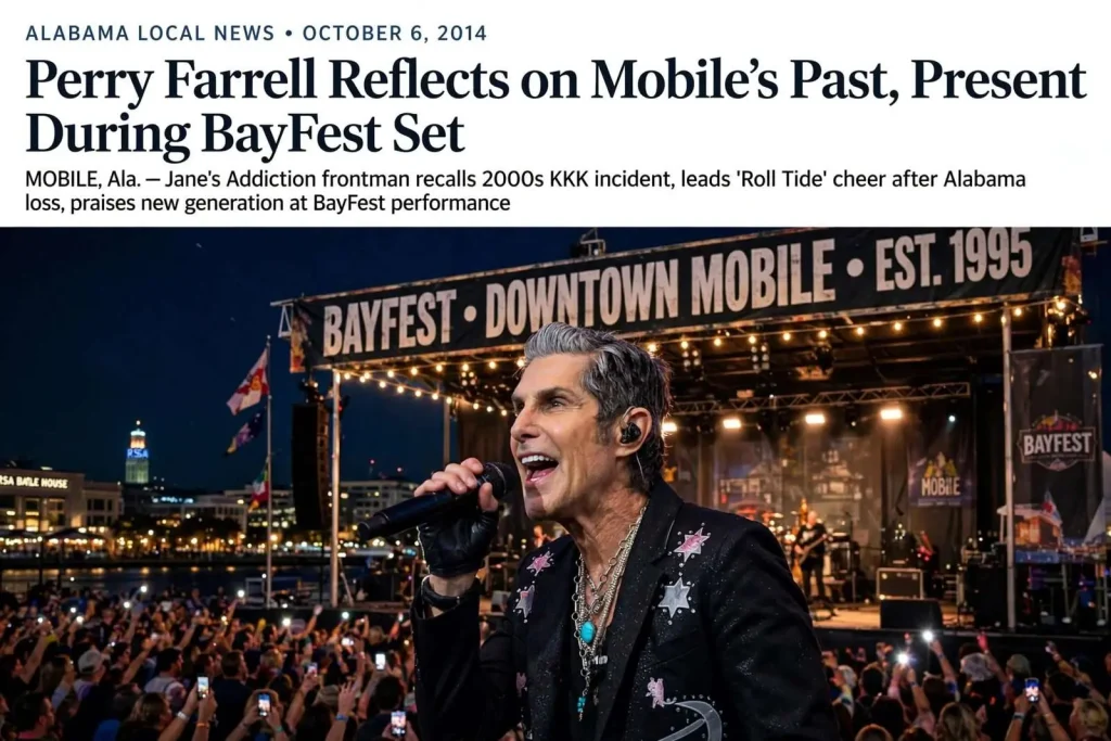 Illustration for the news story: Perry Farrell Reflects on Mobile’s Past, Present During BayFest Set