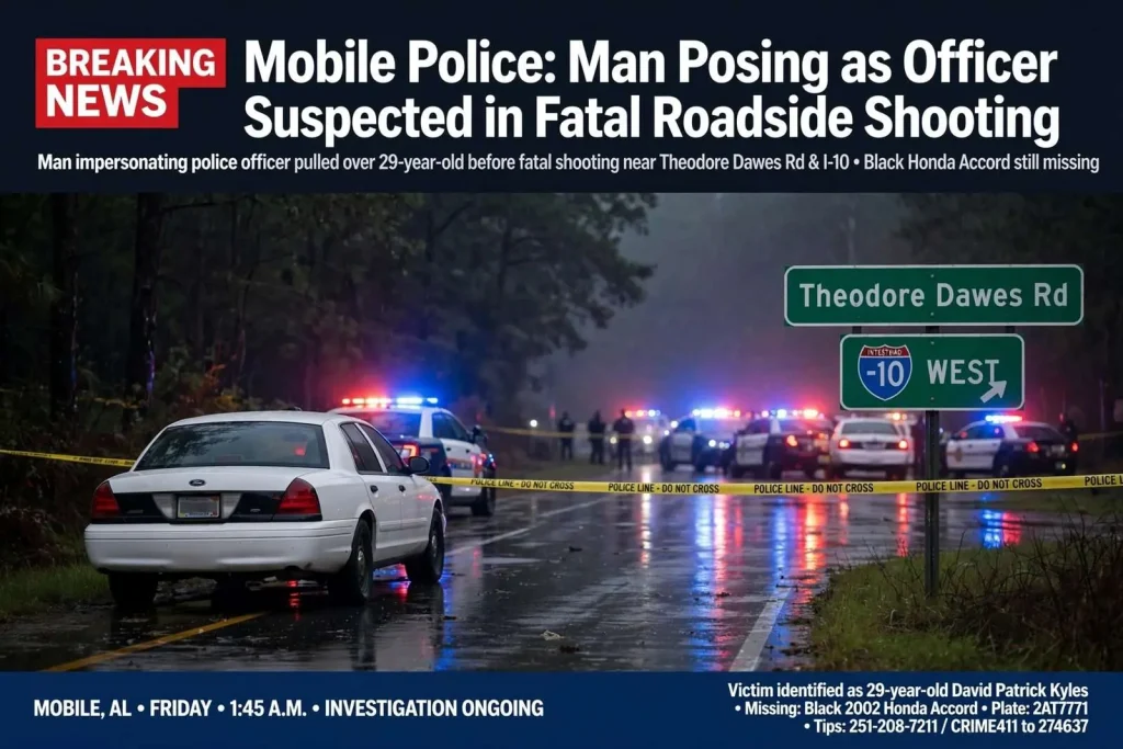 Illustration for the news story: Mobile Police: Man Posing as Officer Suspected in Fatal Roadside Shooting