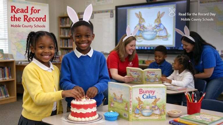 Illustration for the news story: Volunteers Bring ‘Bunny Cakes’ to Life for Read for the Record Day in Mobile County Schools