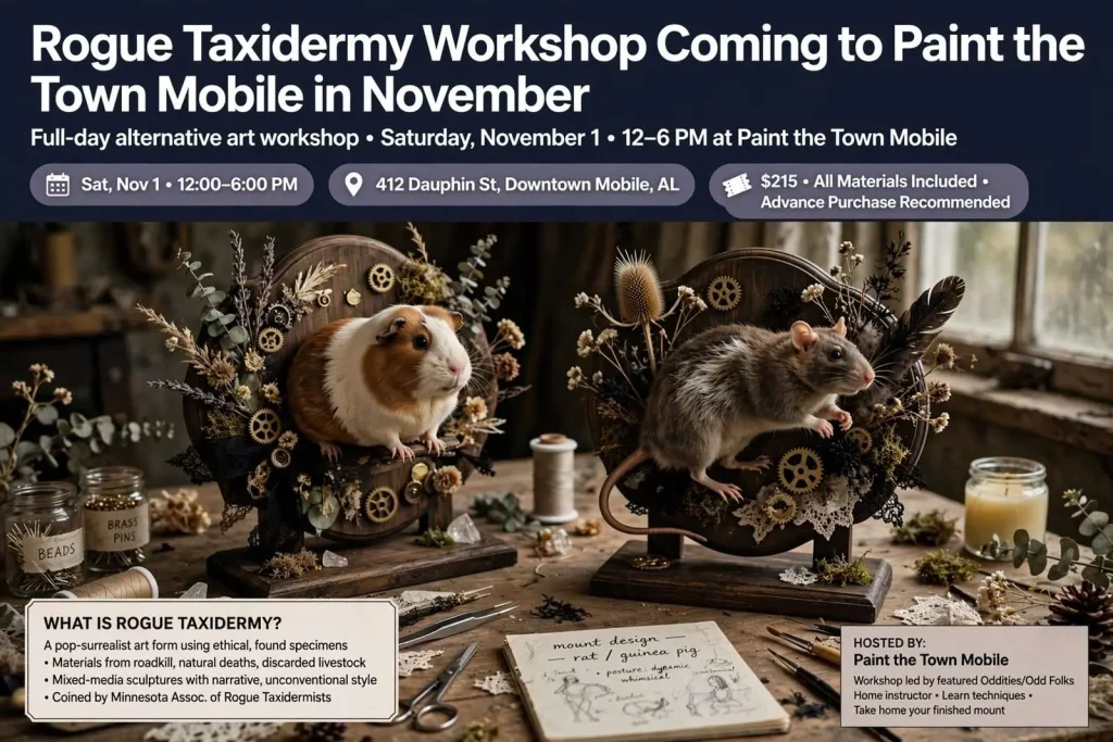 Illustration for the news story: Rogue Taxidermy Workshop Coming to Paint the Town Mobile in November