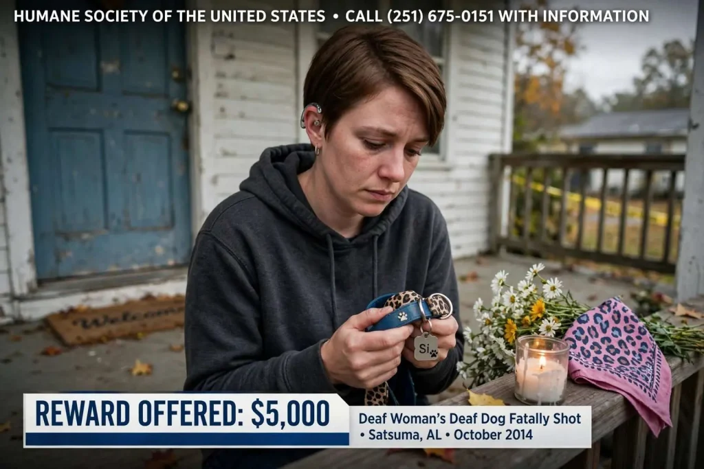 Illustration for the news story: Reward Offered After a Deaf Woman’s Deaf Dog Was Fatally Shot in Satsuma