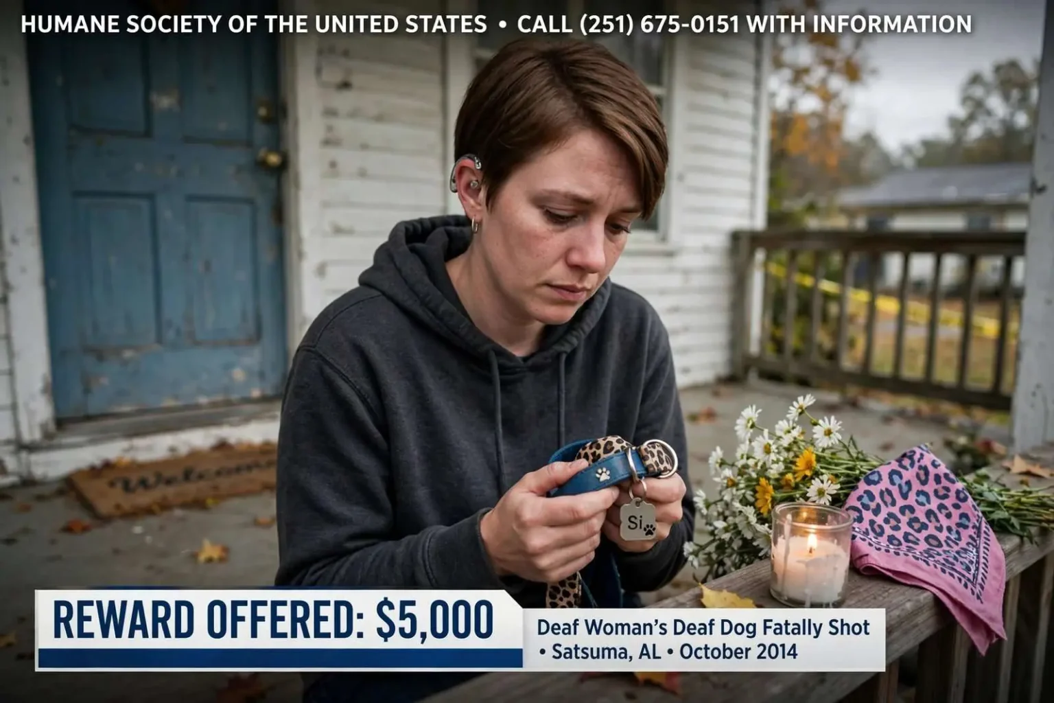Illustration for the news story: Reward Offered After a Deaf Woman’s Deaf Dog Was Fatally Shot in Satsuma
