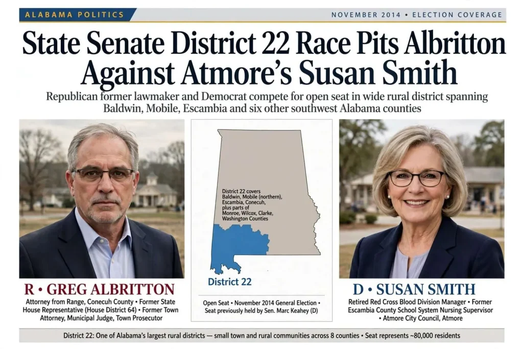 Illustration for the news story: State Senate District 22 Race Pits Albritton Against Atmore’s Susan Smith