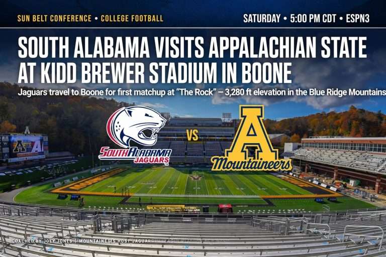 Illustration for the news story: South Alabama Visits Appalachian State at Kidd Brewer Stadium in Boone