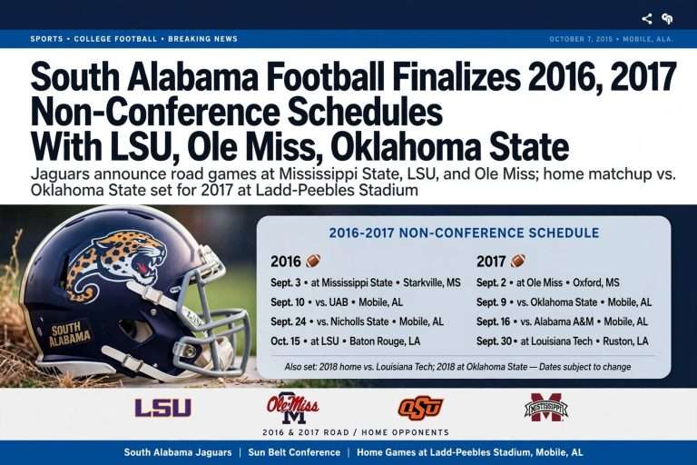 Illustration for the news story: South Alabama Football Finalizes 2016, 2017 Non-Conference Schedules With LSU, Ole Miss, Oklahoma State