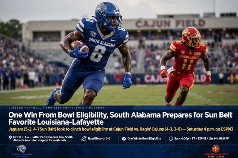Illustration for the news story: One Win From Bowl Eligibility, South Alabama Prepares for Sun Belt Favorite Louisiana-Lafayette