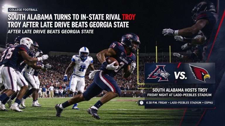 Illustration for the news story: South Alabama Turns to In-State Rival Troy After Late Drive Beats Georgia State