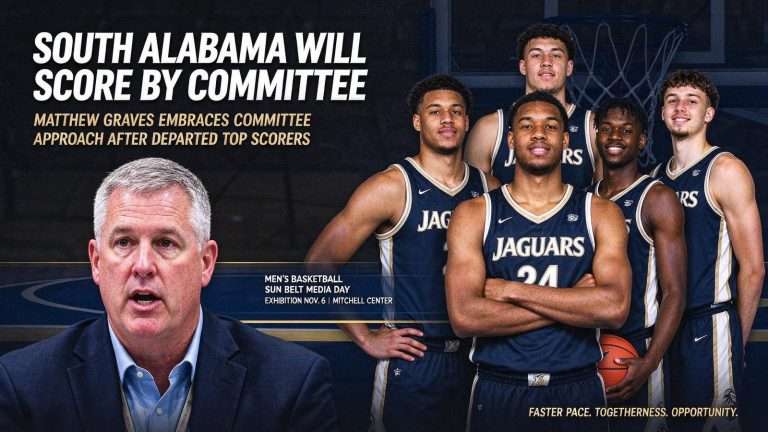 Illustration for the news story: Matthew Graves Says South Alabama Will Score by Committee After Losing Top Three Scorers