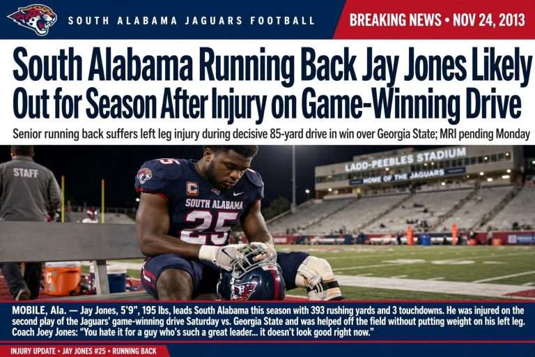 Illustration for the news story: South Alabama Running Back Jay Jones Likely Out for Season After Injury on Game-Winning Drive