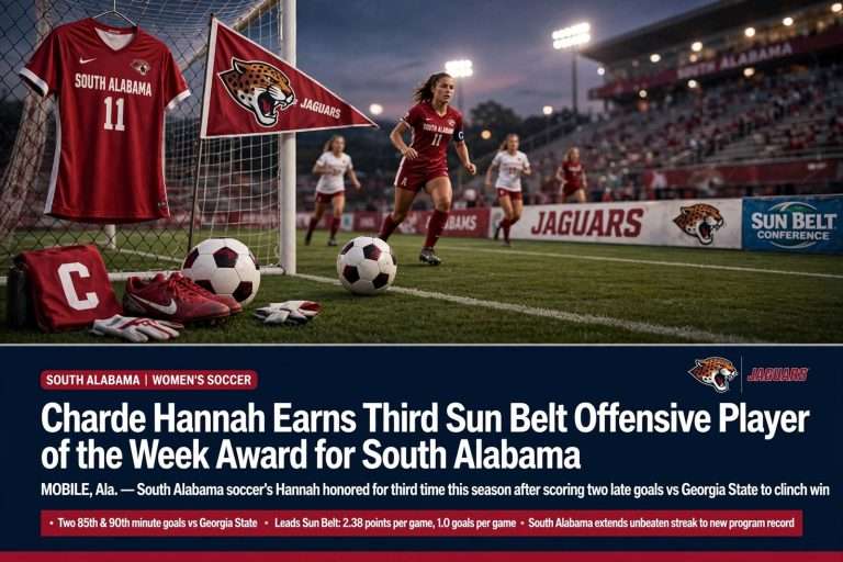 Illustration for the news story: Charde Hannah Earns Third Sun Belt Offensive Player of the Week Award for South Alabama