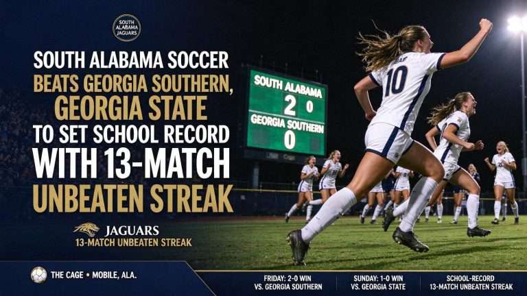 Illustration for the news story: South Alabama Soccer Beats Georgia Southern, Georgia State to Set School Record With 13-Match Unbeaten Streak