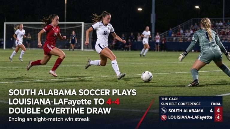 Illustration for the news story: South Alabama Soccer Plays Louisiana-Lafayette to 4-4 Double-Overtime Draw, Ending Eight-Match Win Streak