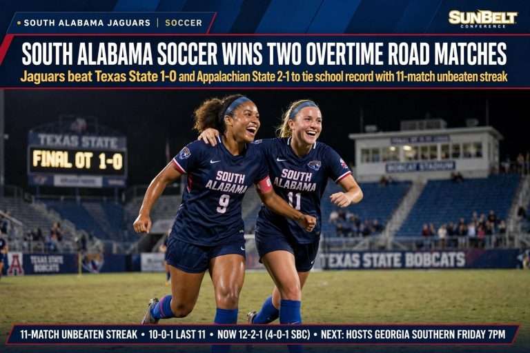 Illustration for the news story: South Alabama Soccer Wins Two Overtime Road Matches, Ties School Record With 11-Match Unbeaten Streak