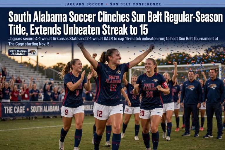 Illustration for the news story: South Alabama Soccer Clinches Sun Belt Regular-Season Title, Extends Unbeaten Streak to 15