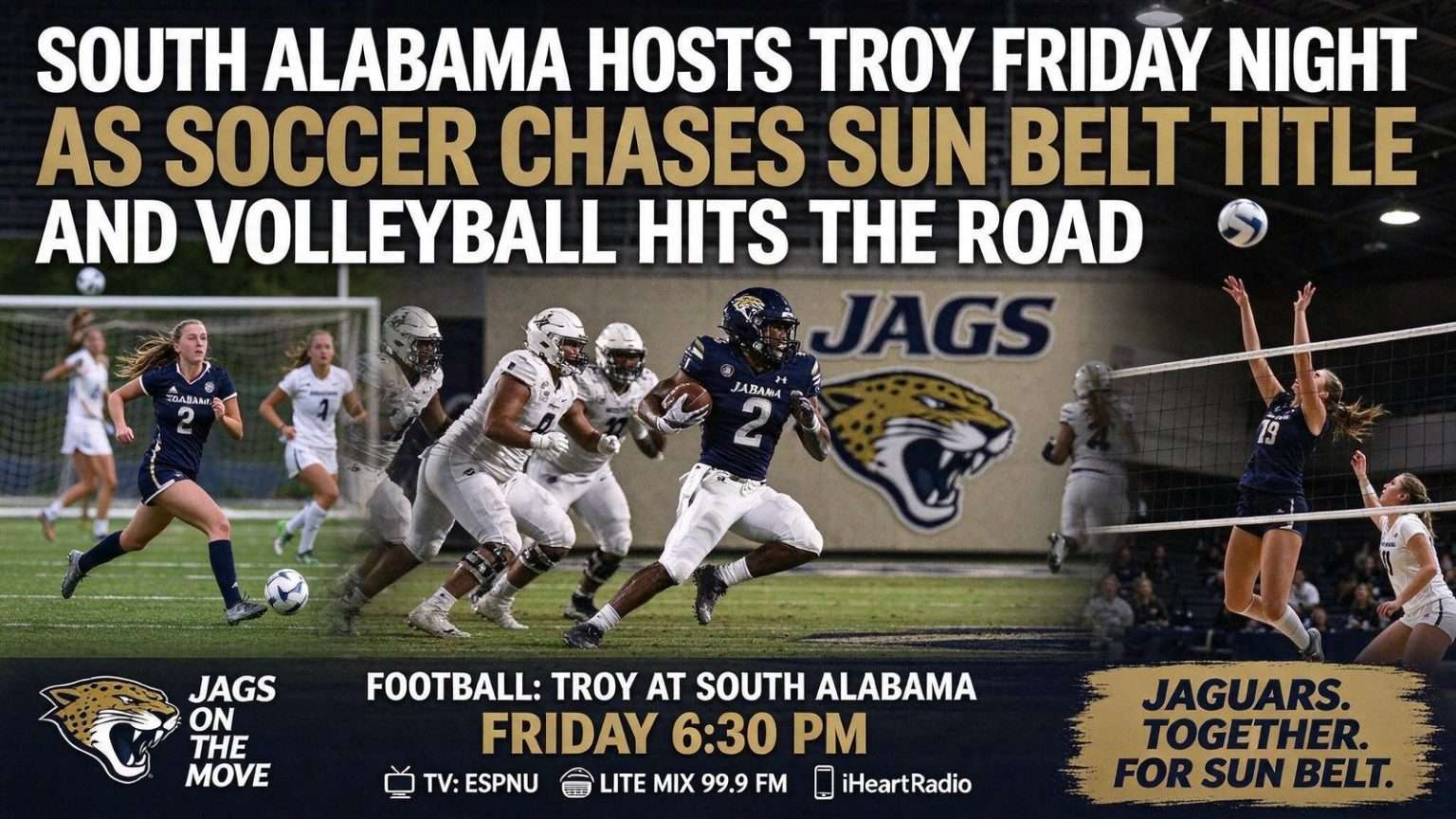 Illustration for the news story: South Alabama Hosts Troy Friday Night as Soccer Chases Sun Belt Title and Volleyball Hits the Road