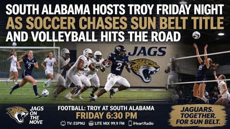 Illustration for the news story: South Alabama Hosts Troy Friday Night as Soccer Chases Sun Belt Title and Volleyball Hits the Road
