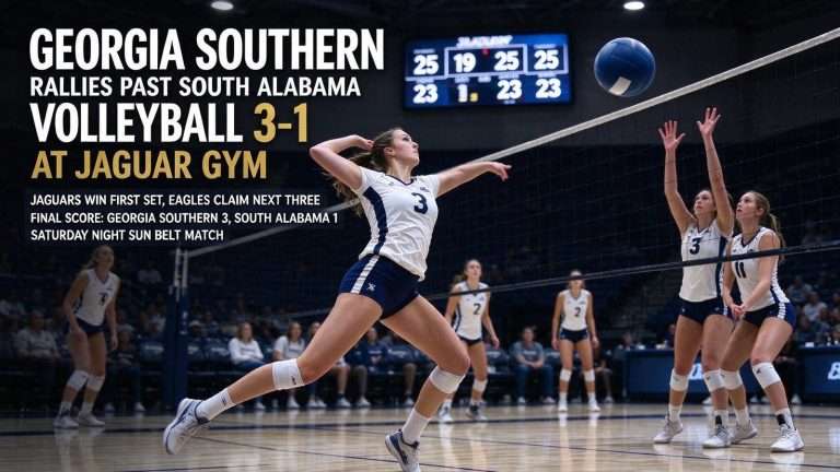 Illustration for the news story: Georgia Southern Rallies Past South Alabama Volleyball 3-1 at Jaguar Gym