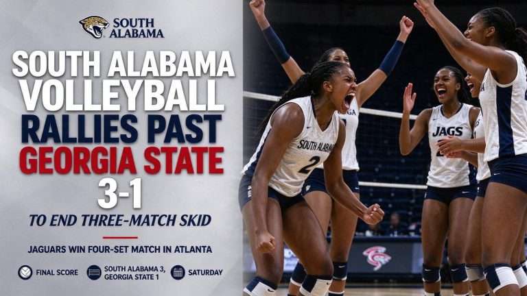 Illustration for the news story: South Alabama Volleyball Rallies Past Georgia State 3-1 to End Three-Match Skid
