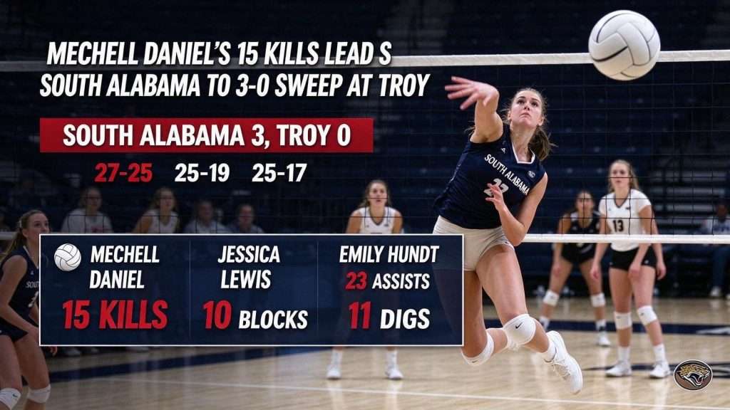 Illustration for the news story: Mechell Daniel’s 15 Kills Lead South Alabama Volleyball to 3-0 Sweep at Troy