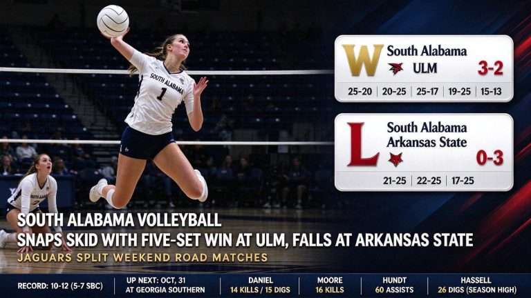 Illustration for the news story: South Alabama Volleyball Snaps Skid With Five-Set Win at ULM, Falls at Arkansas State