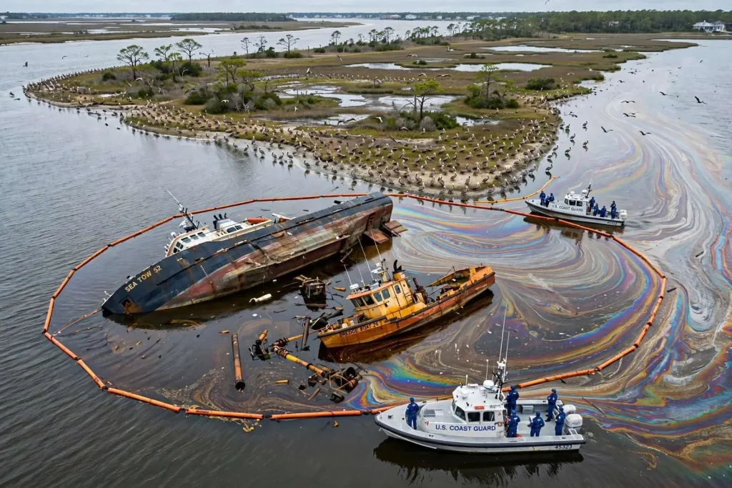 Illustration for the news story: Two Vessels Sink in Mobile Ship Channel, Leaving Oil Sheen Near Gaillard Island