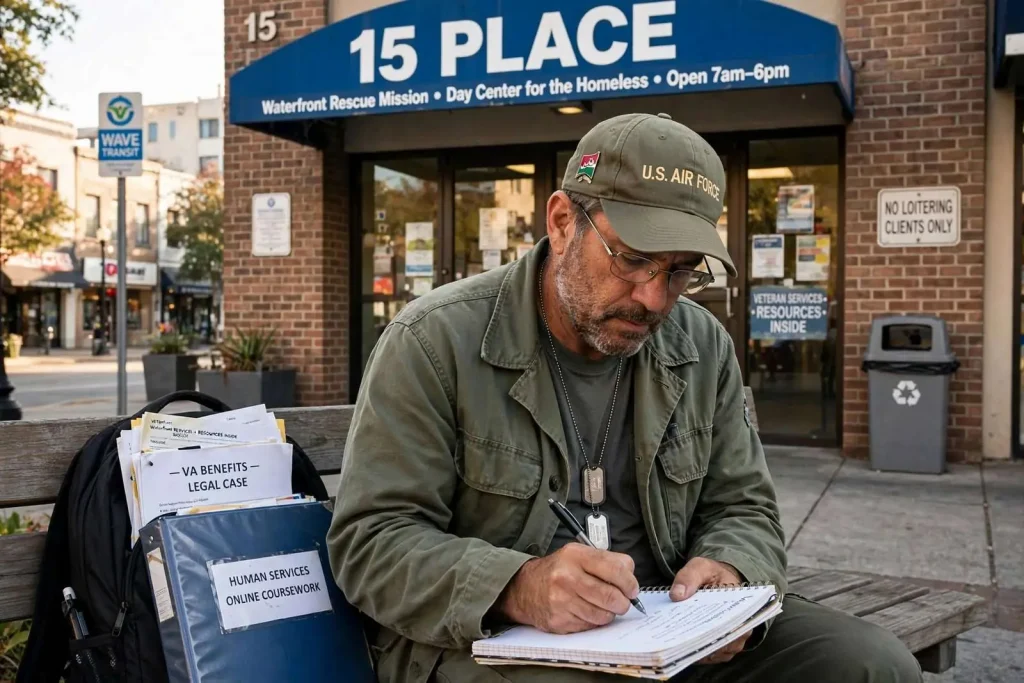 Illustration for the news story: A Mobile Veteran’s Daily Struggle: Homeless, in College, Fighting for Benefits