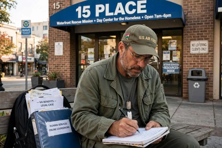 Illustration for the news story: A Mobile Veteran’s Daily Struggle: Homeless, in College, Fighting for Benefits
