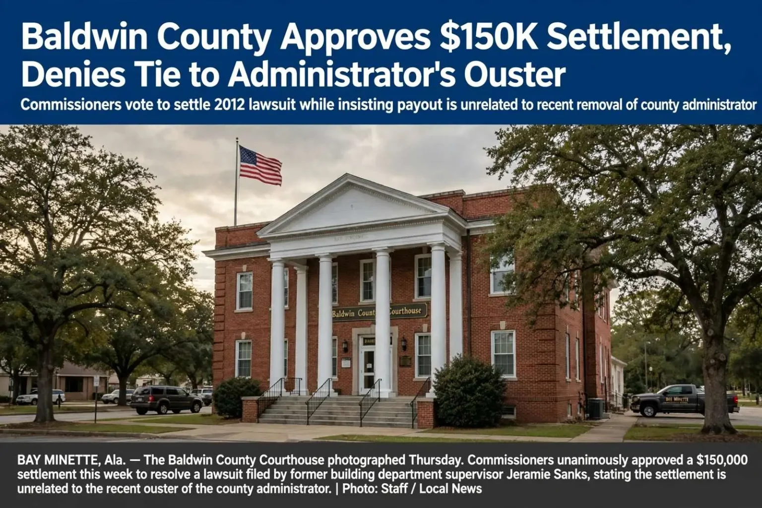 Illustration for the news story: Baldwin County Approves $150K Settlement, Denies Tie to Administrator’s Ouster