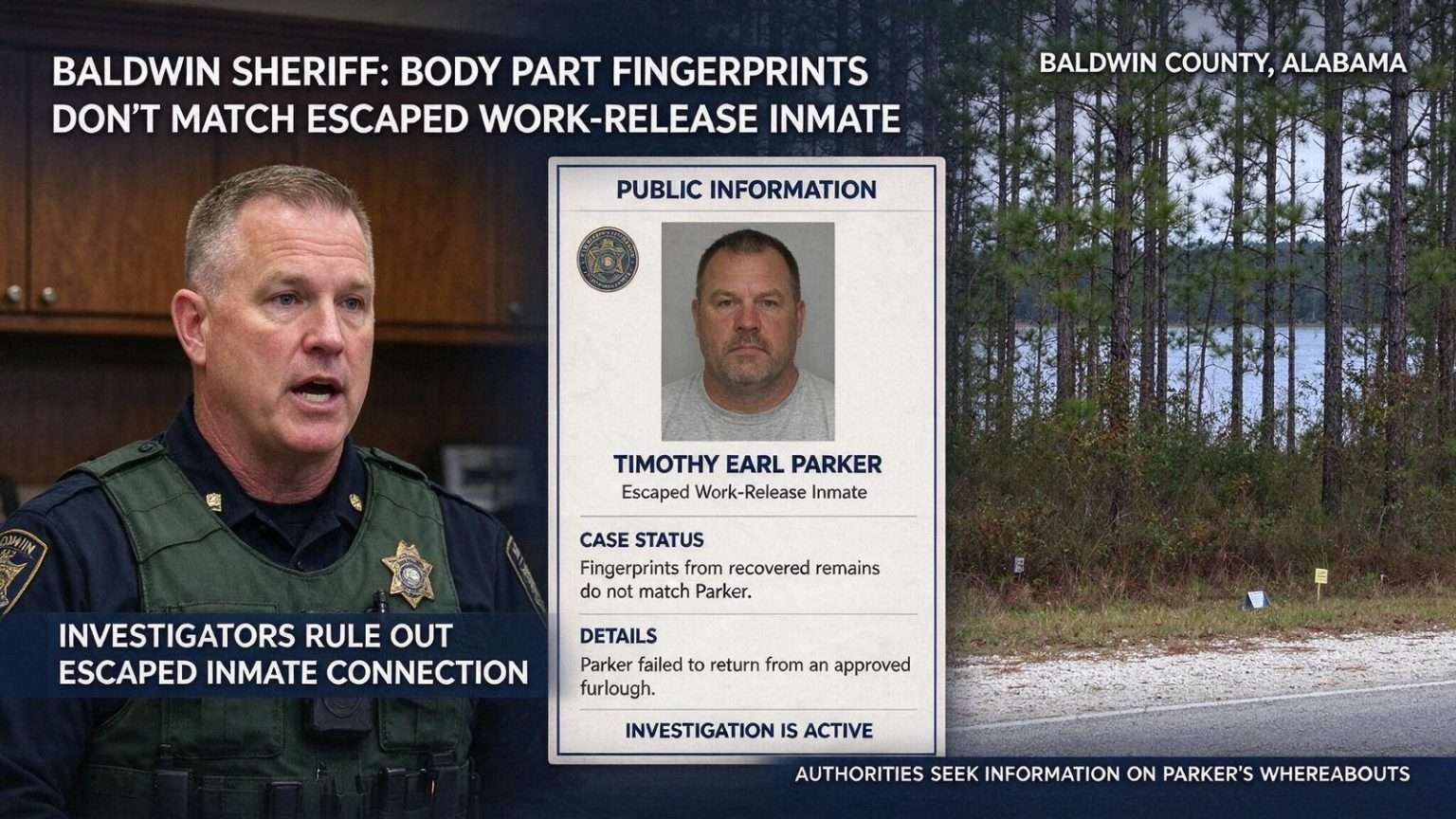 Illustration for the news story: Baldwin Sheriff: Body Part Fingerprints Don’t Match Escaped Work-Release Inmate