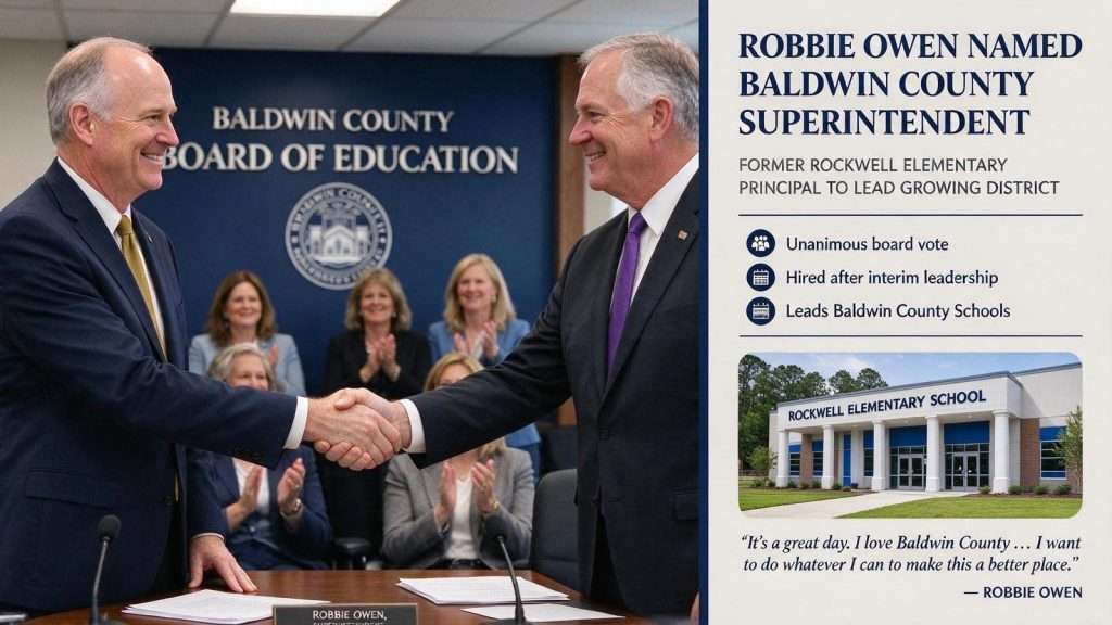 Illustration for the news story: Baldwin County School Board Unanimously Hires Robbie Owen as Superintendent