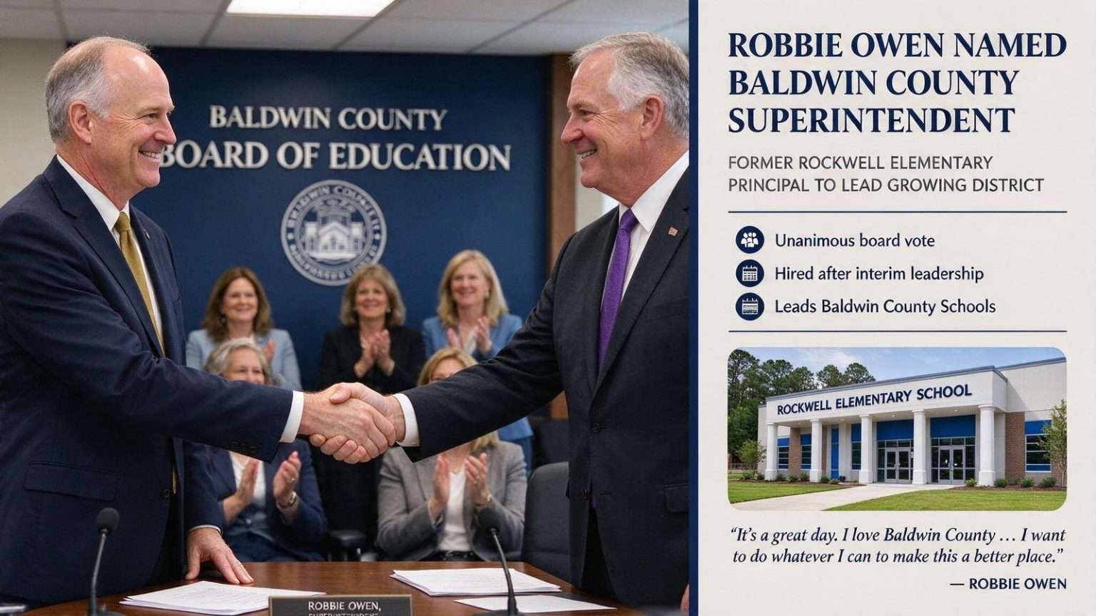 Illustration for the news story: Baldwin County School Board Unanimously Hires Robbie Owen as Superintendent