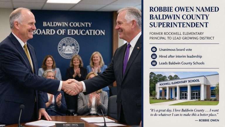Illustration for the news story: Baldwin County School Board Unanimously Hires Robbie Owen as Superintendent