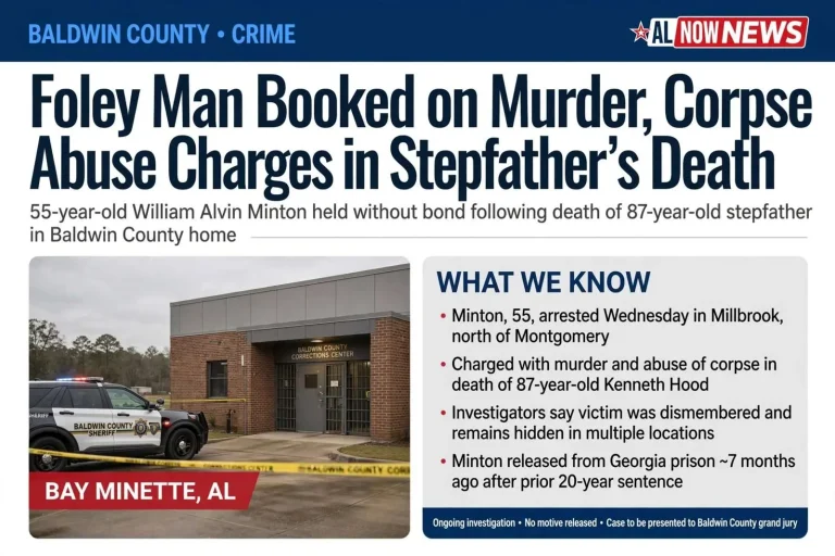 Illustration for the news story: Foley Man Booked on Murder, Corpse Abuse Charges in Stepfather’s Death
