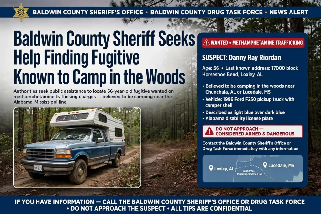 Illustration for the news story: Baldwin County Sheriff Seeks Help Finding Fugitive Known to Camp in the Woods