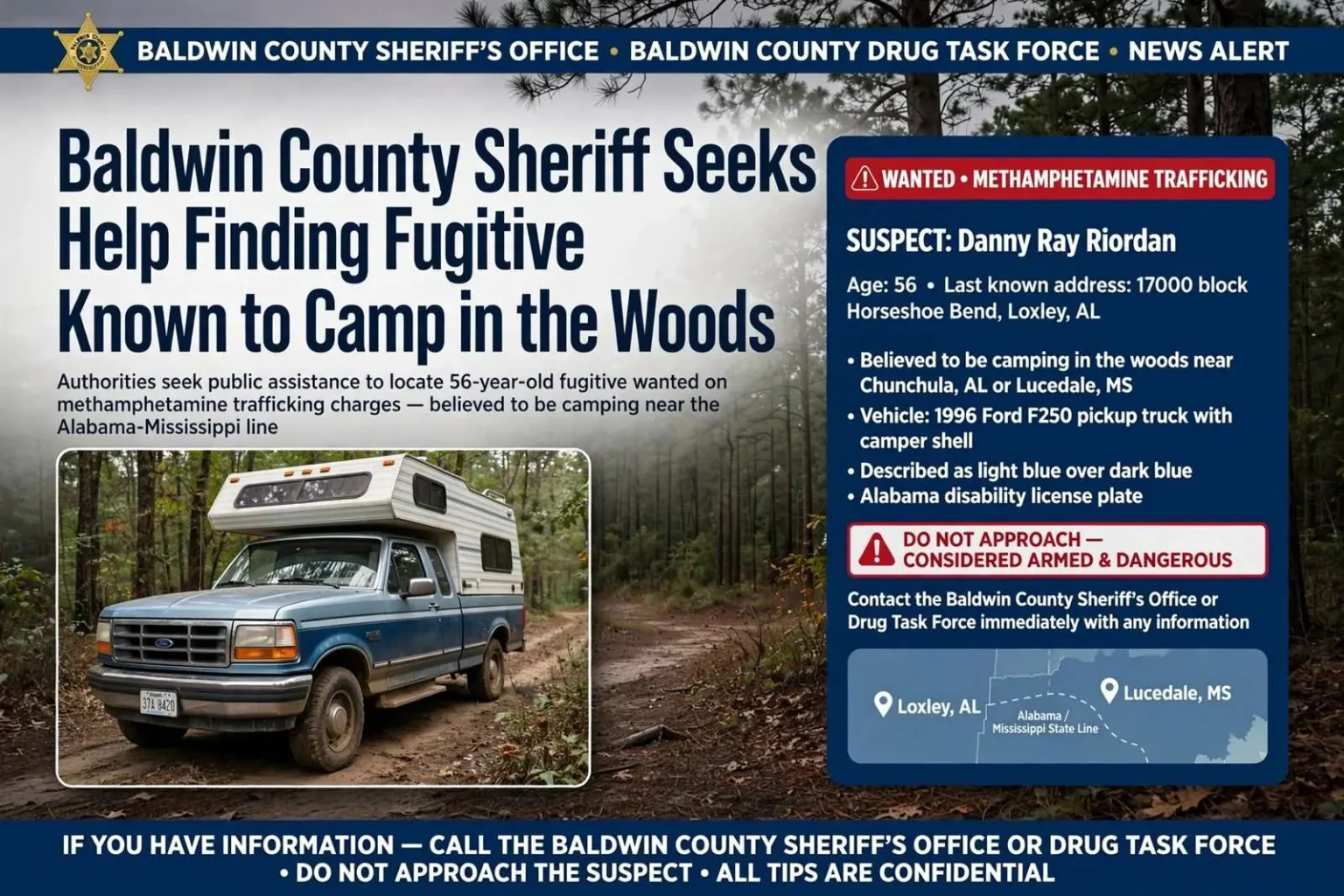 Illustration for the news story: Baldwin County Sheriff Seeks Help Finding Fugitive Known to Camp in the Woods
