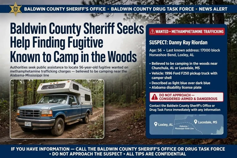 Illustration for the news story: Baldwin County Sheriff Seeks Help Finding Fugitive Known to Camp in the Woods