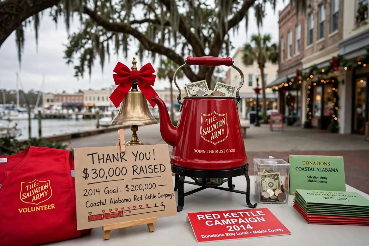Illustration for the news story: Coastal Alabama Salvation Army Passes $30,000 as Red Kettle Drive Gains Momentum