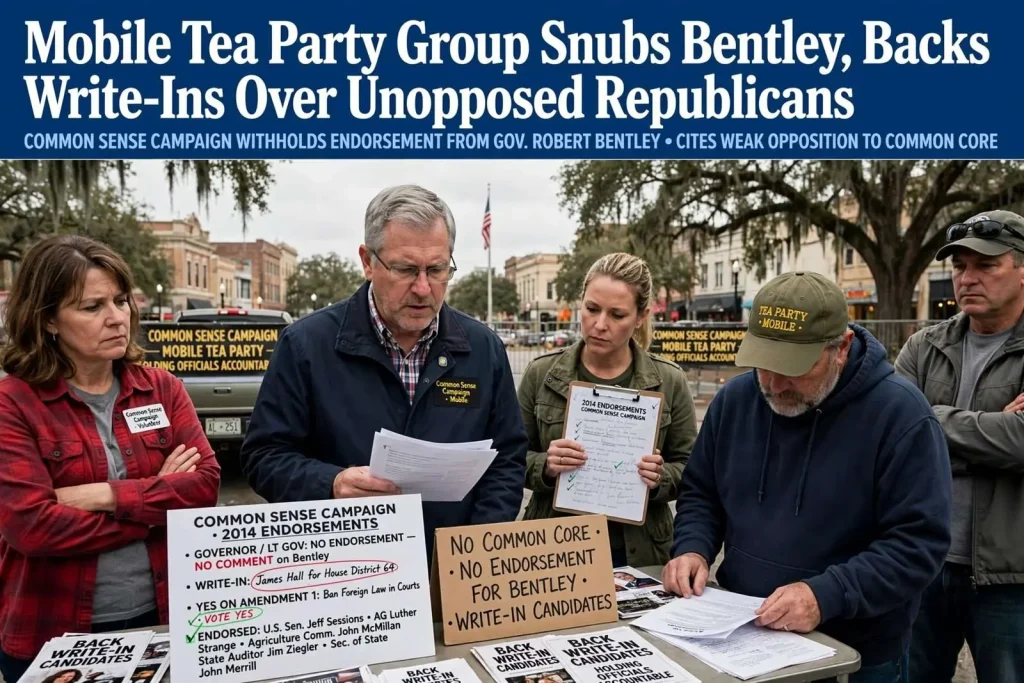 Illustration for the news story: Mobile Tea Party Group Snubs Bentley, Backs Write-Ins Over Unopposed Republicans