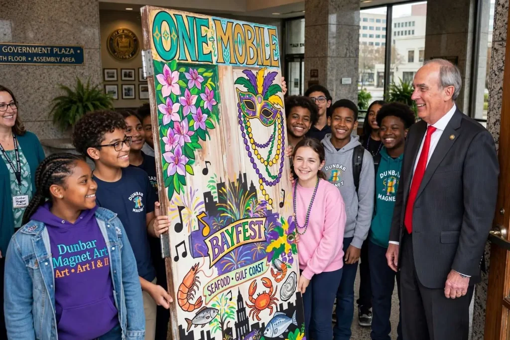 Illustration for the news story: Dunbar Magnet Art Students Turn Mayor’s Removed Office Door Into Colorful ‘One Mobile’ Tribute