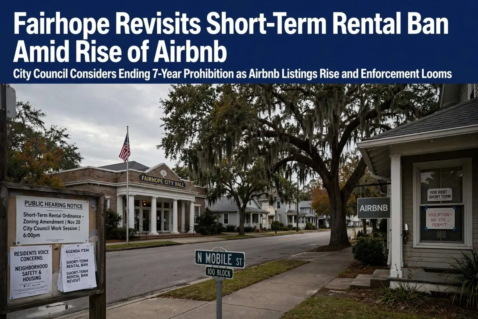 Illustration for the news story: Fairhope Revisits Short-Term Rental Ban Amid Rise of Airbnb