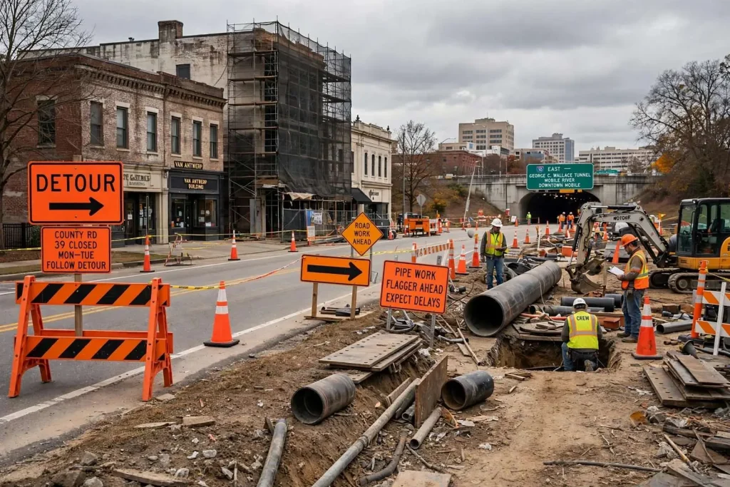 Illustration for the news story: Irvington Road Closure, Downtown Mobile Pipe Work Lead November Road Report