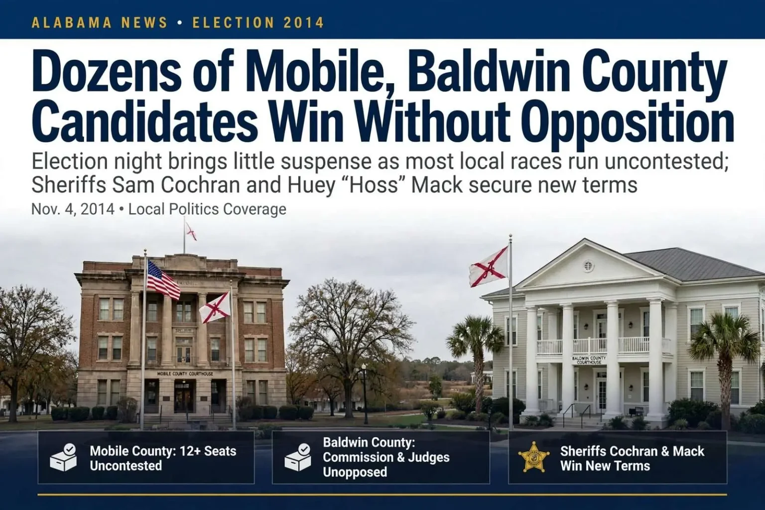 Illustration for the news story: Dozens of Mobile, Baldwin County Candidates Win Without Opposition