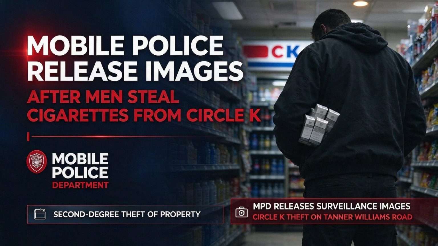 Illustration for the news story: Mobile Police Release Images After Men Steal Cigarettes from Circle K