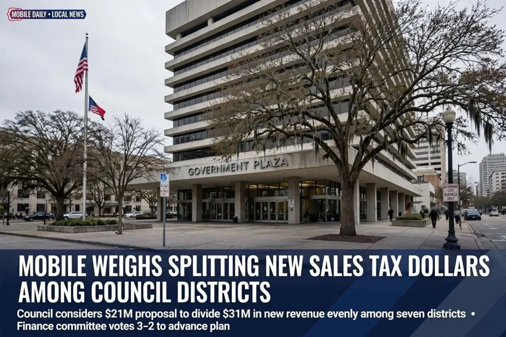 Illustration for the news story: Mobile weighs splitting new sales tax dollars among council districts